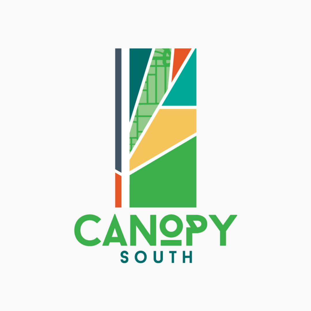 A vibrant and colorful street grid of South Omaha. "Canopy South " written under the street grid.