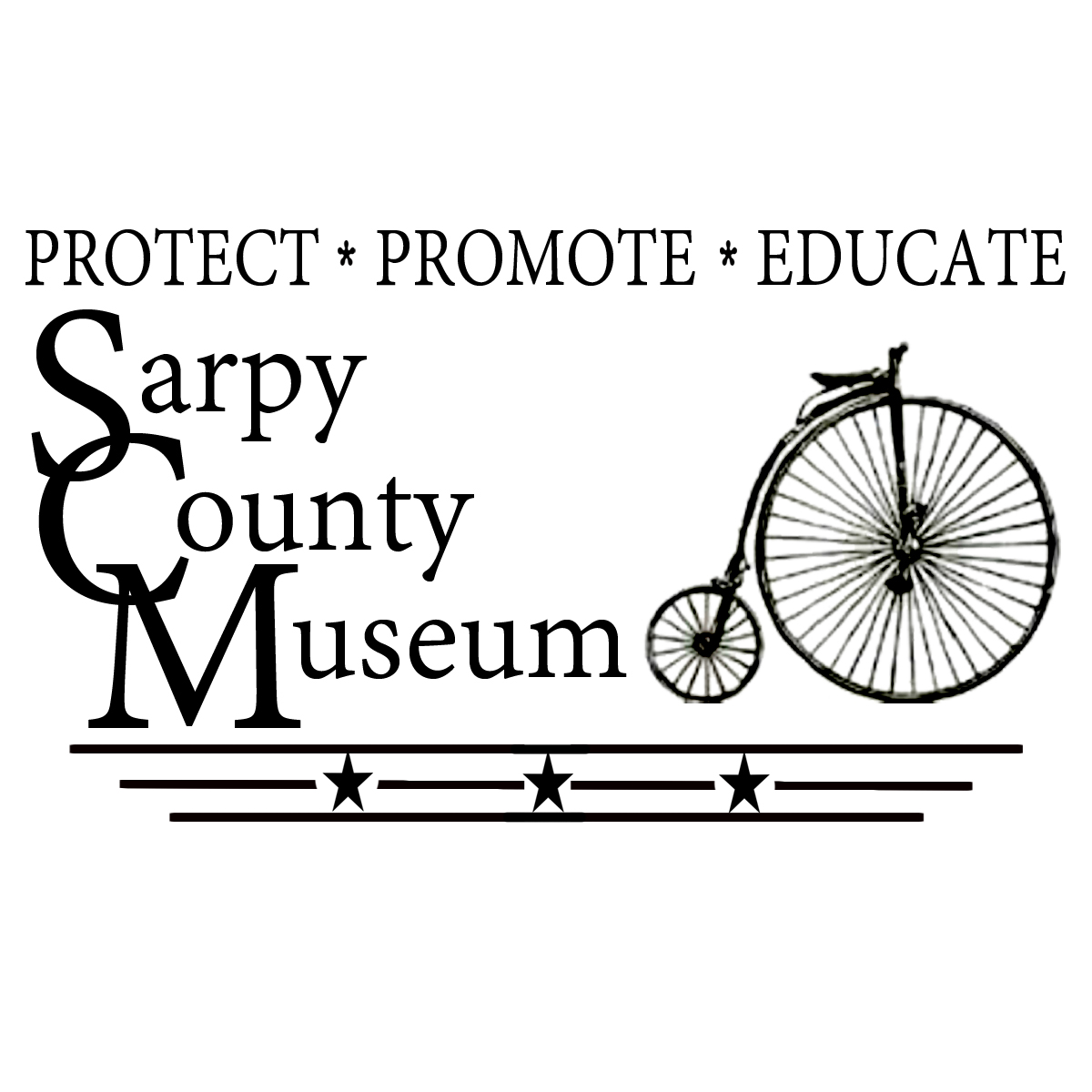 Logo for the Sarpy County Museum. At the top states "Protect- Promote- Educate". Underneath says "Sarpy County Museum" with a pennyfarthing antique bicycle image next to it.