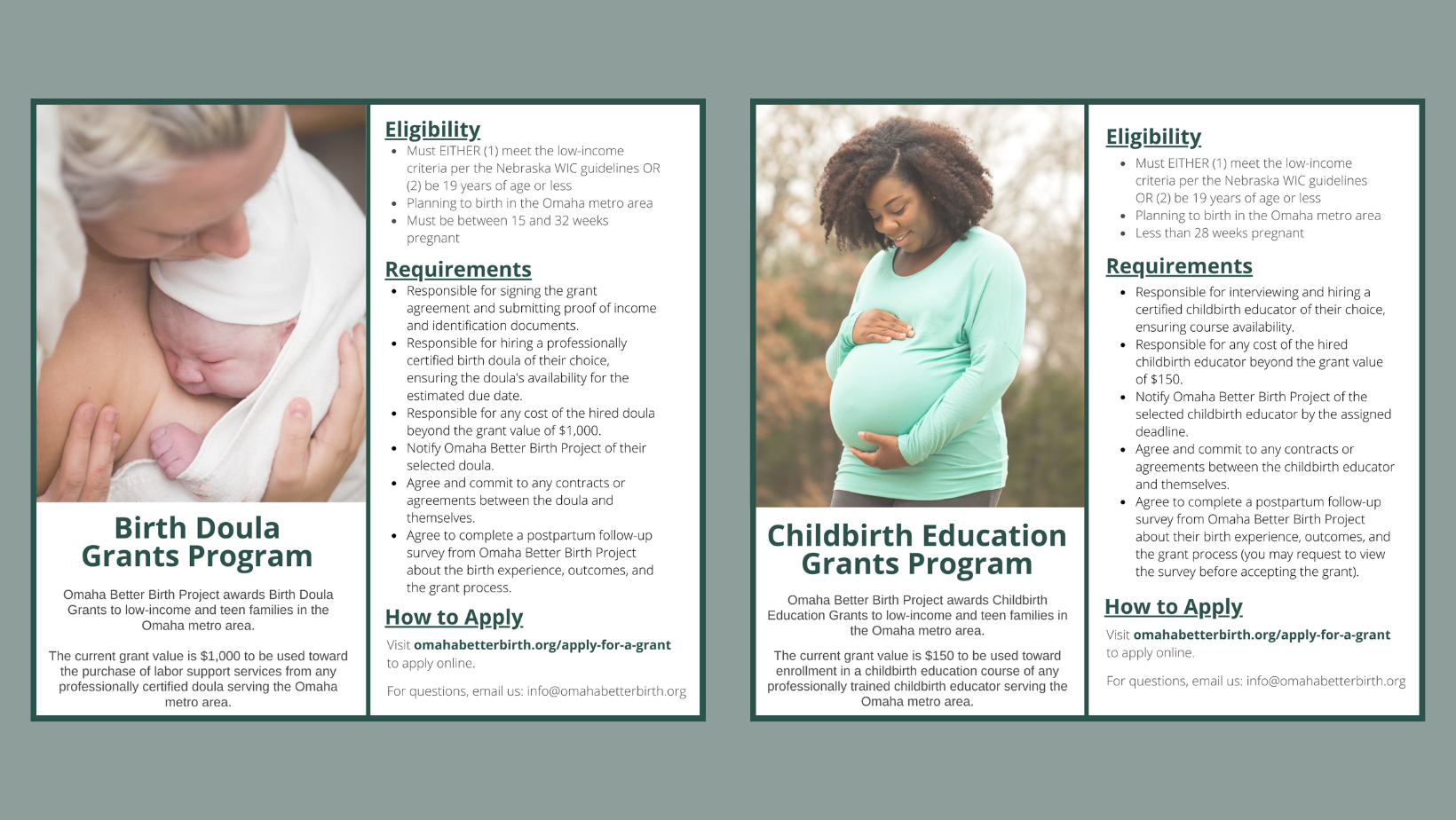 Description of birth doula grant program and childbirth education grant program, including eligibility, requirements, and how to apply.