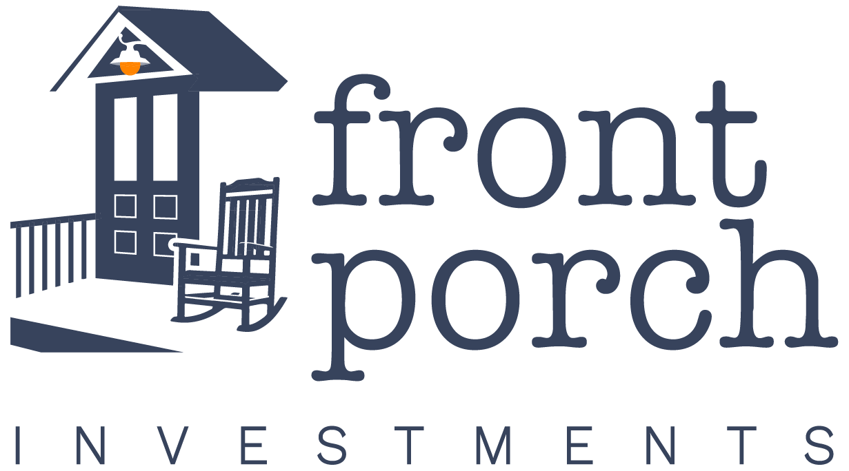 The Front Porch Investments logo shows a dark purple porch with a rocking chair, a stair railing, and an orange porch light. 