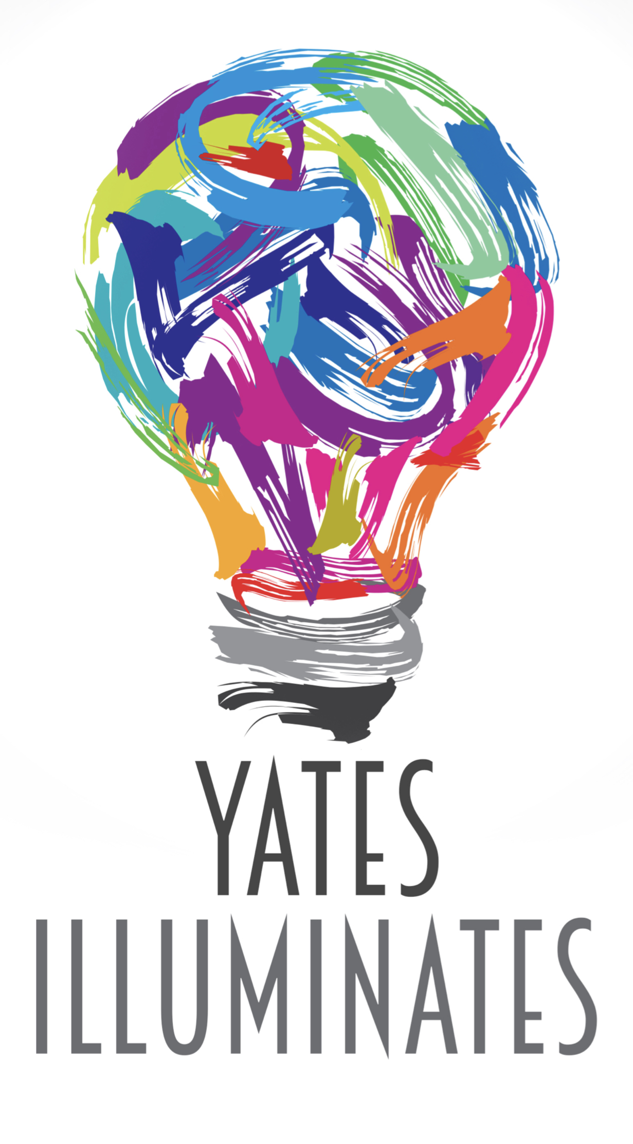Lightbulb with various colors and text Yates Illuminates