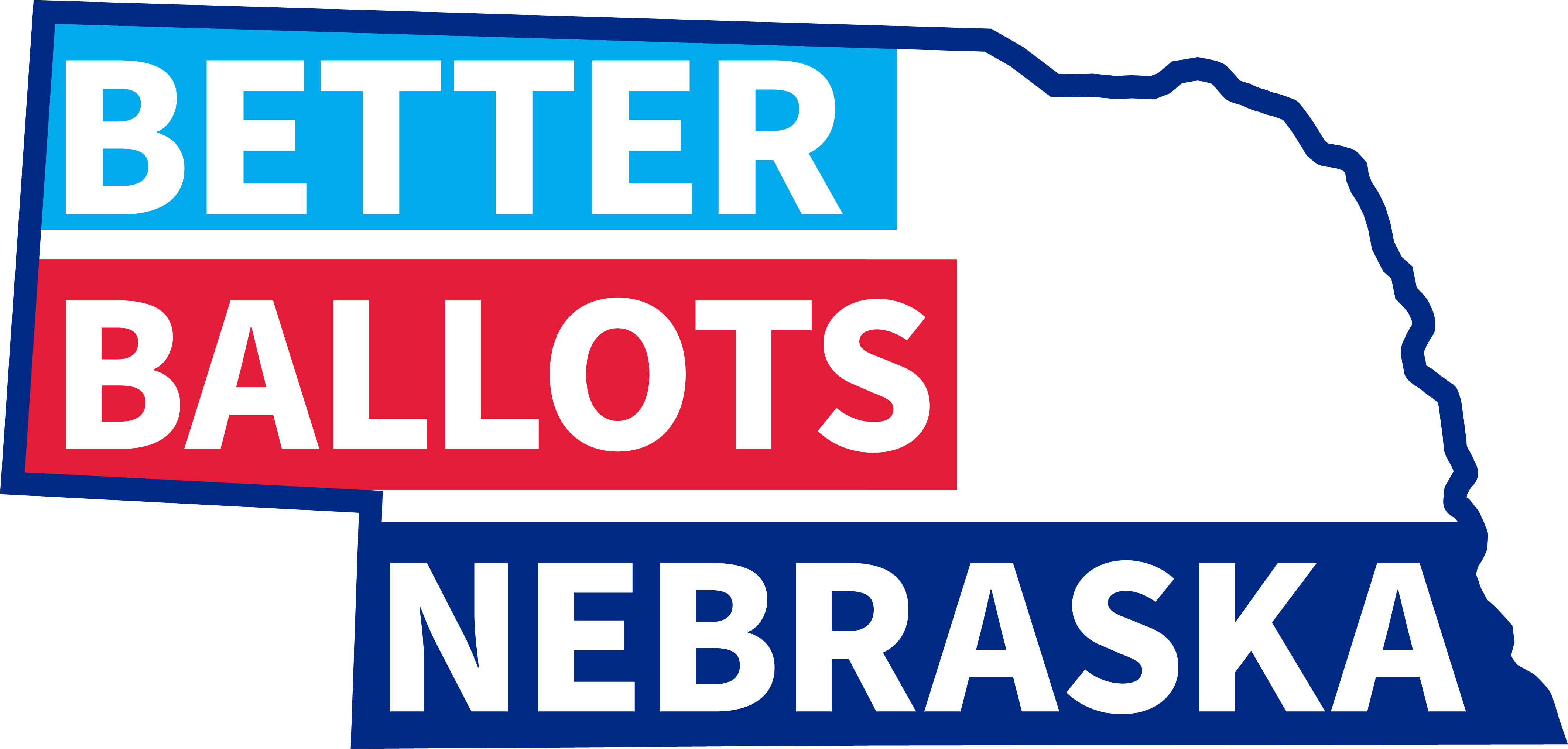 Outline of the state of Nebraska with Better Ballots Nebraska written inside