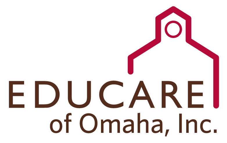 Red school house logo with Educare of Omaha, Inc. in brown