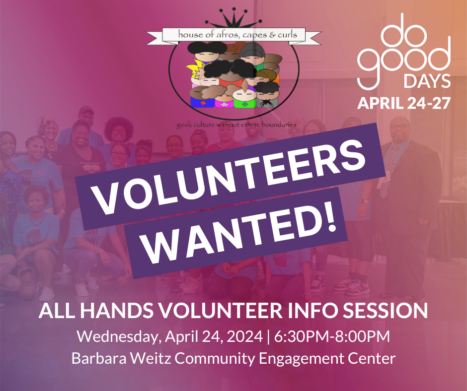 colorful graphic with large print volunteers wanted