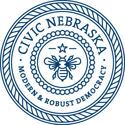 circular blue logo with "Civic Nebraska. Modern and Robust Democracy" and a bumblebee in the center