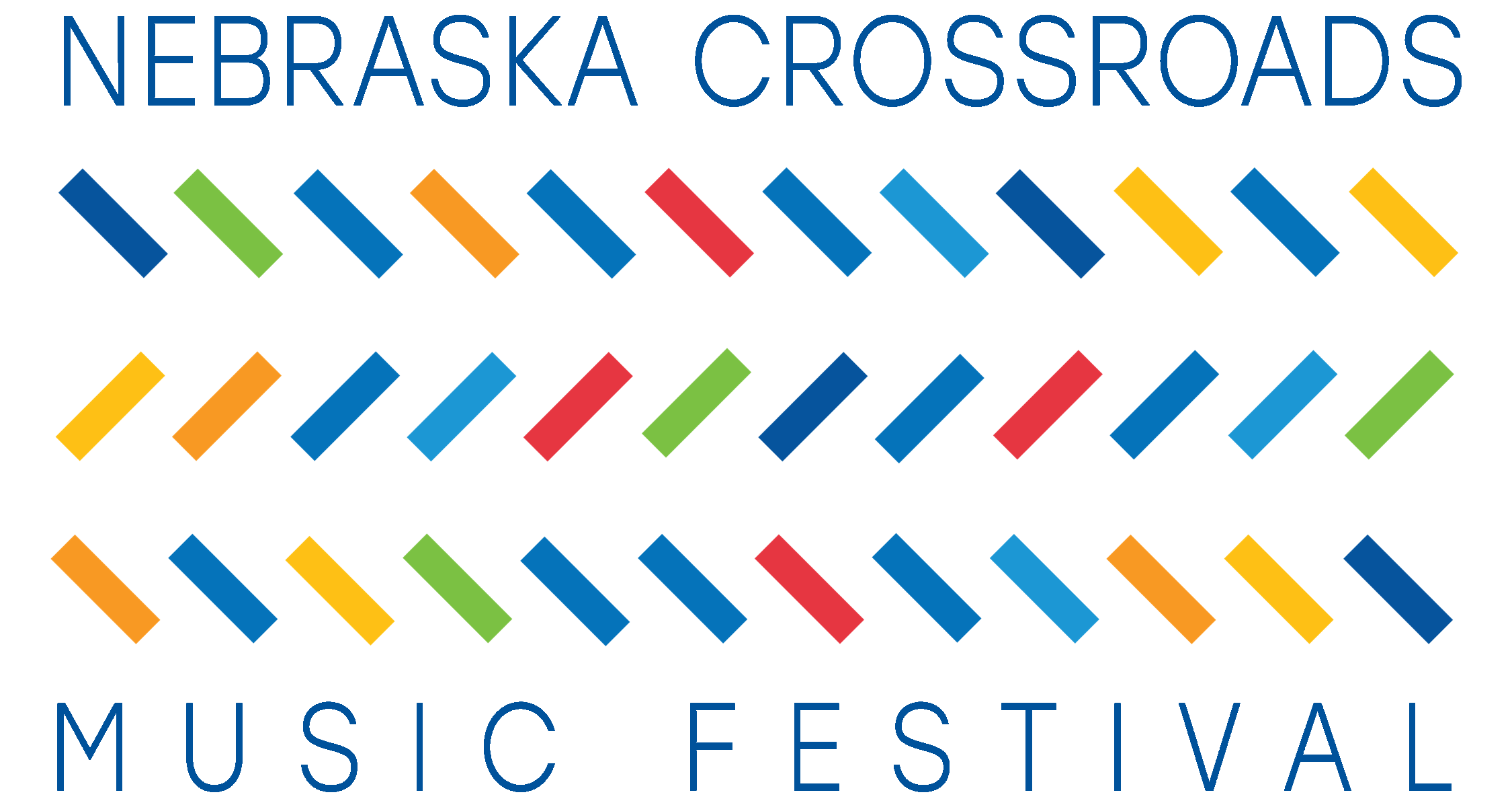 Blue words that say Nebraska Crossroads Music Festival with colored lines.