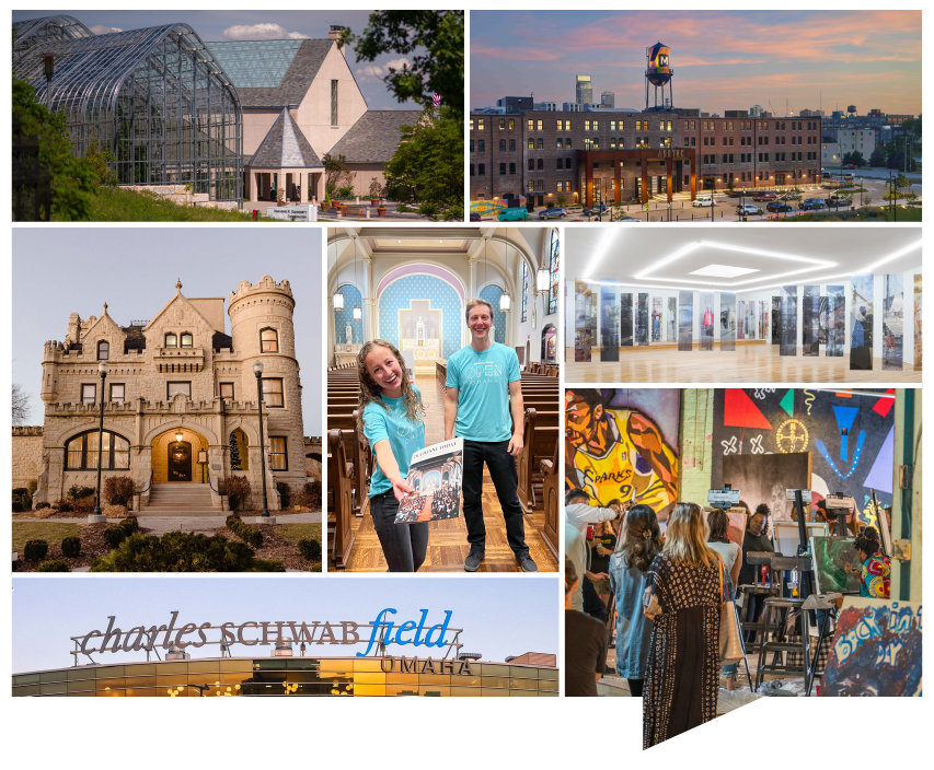 Collage in the shape of a speech bubble. Including pictures are of Lauritzen Gardens, Millwork Commons, Joslyn Castle, Volunteers at Duchesne, Baader-Meinhoff Gallery, Charles Schwab Field, Culxr House