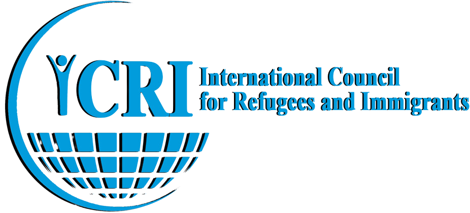 A blue outline of a semicircle surrounding the bottom half of a grid pattern globe. The letters "ICRI" are on top of the gridded globe, and the words International Council for Refugees and Immigrants to the right of the image.