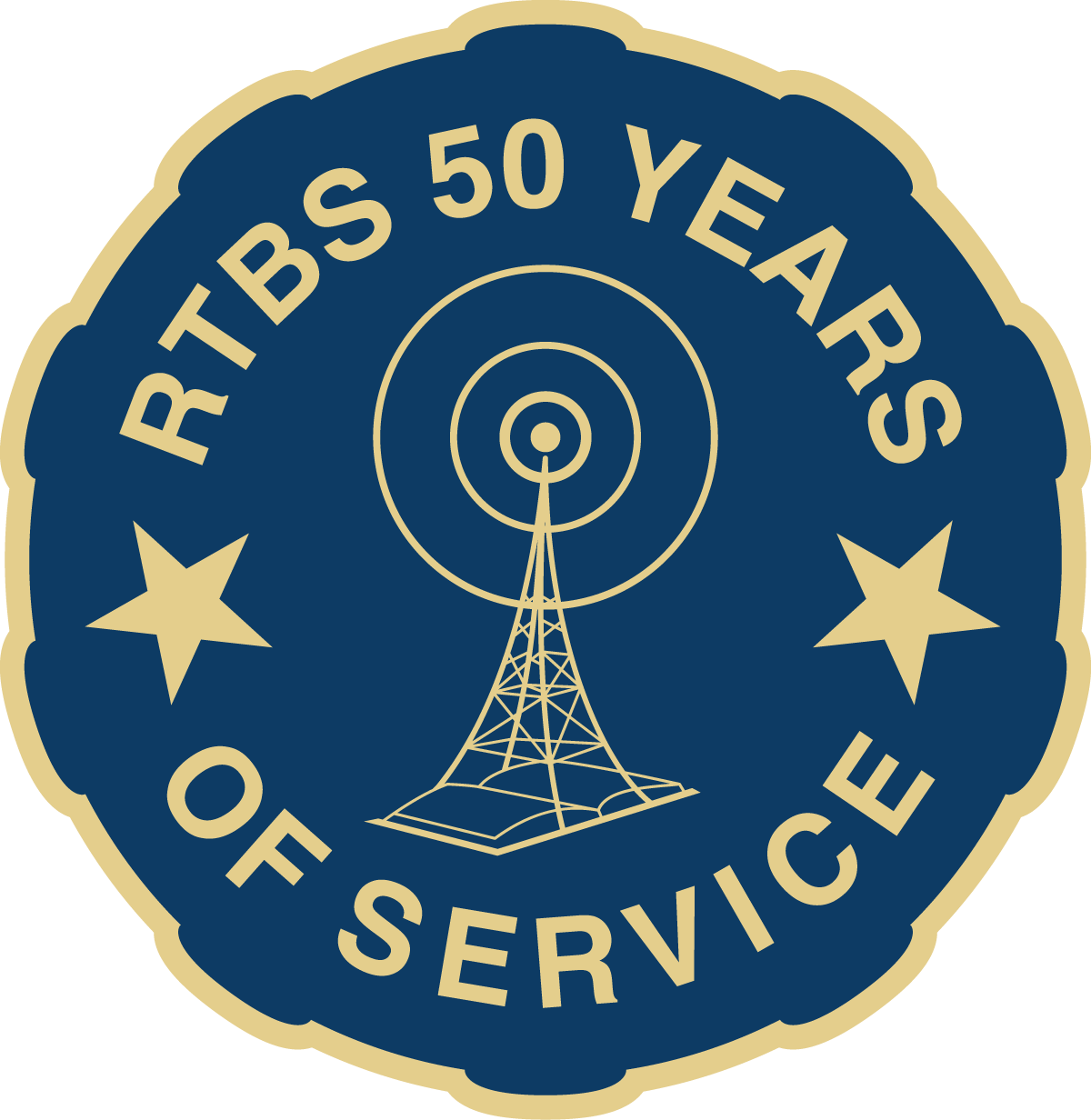 a gold border surrounds a blue background with the image of a radio tower in the center encircled by gold text "RTBS 50  YEARS OF SERVICE"