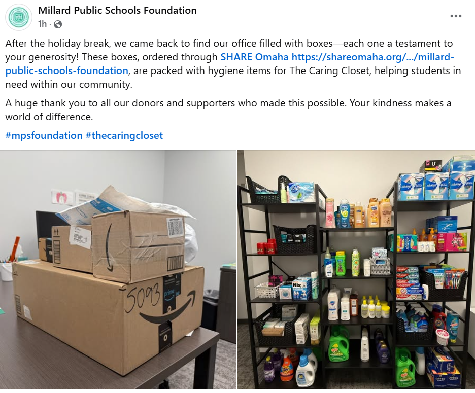 Millard public schools foundation says "After the holiday break, we came back to find our office filled with boxes - each one a testiment to your generosity! These boxes are packed with hygiene items for The Caring Closet, helping students in need within our community. 