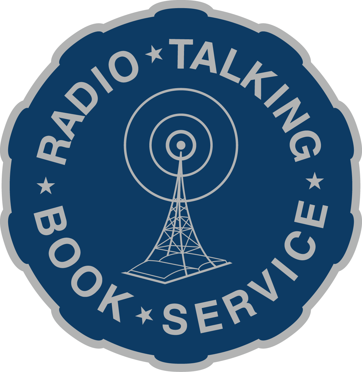 a silver border surrounds a blue background with the image of a radio tower in the center encircled by silvertext "RADIO TALKING BOOK SERVICE""