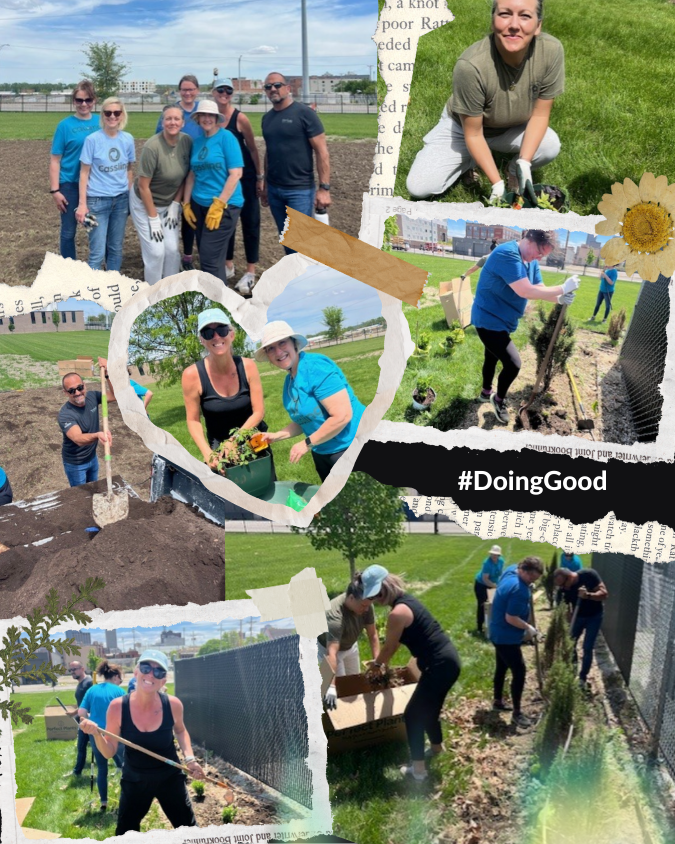 Cquence Health volunteers collage at Siena Francis House planting trees