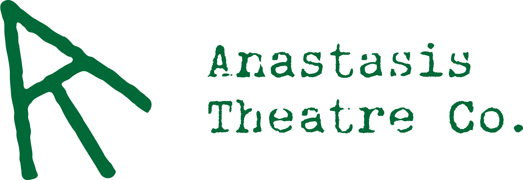 A green arrow pointing up and to the left made of the letters A and T. Anastasis Thatre Co. 