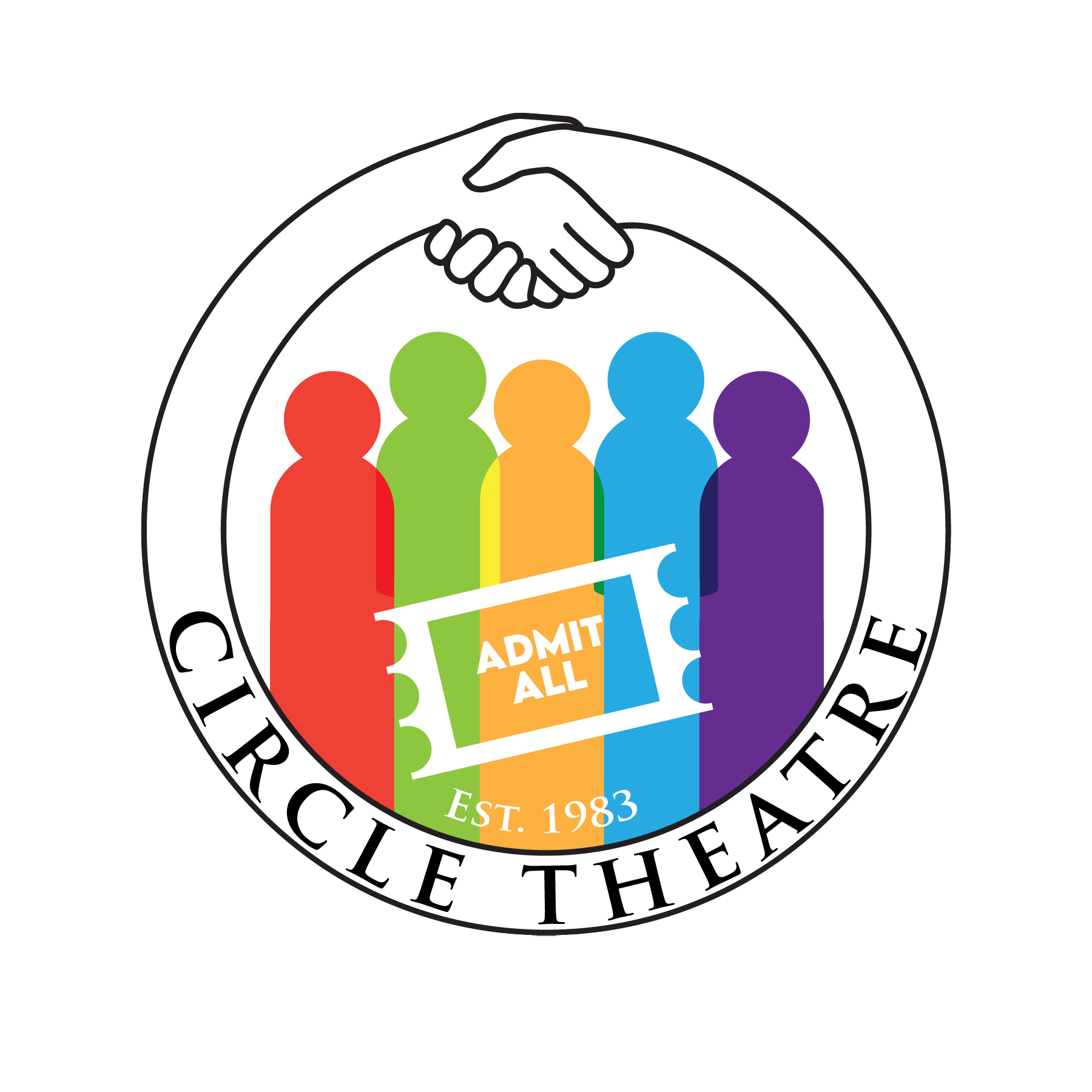 Our logo includes a circle embracing 5 individuals. Each individual is a different color of the rainbow: red, green, yellow, blue, and purple. A theater ticket is in the center of our logo and it states: "Admit All."