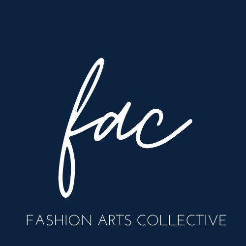 blue background with white font, FAC Fashion Arts Collective logo