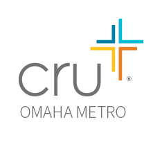 Logo for Cru with multi-color cross and  location specific text that reads "Omaha Metro"