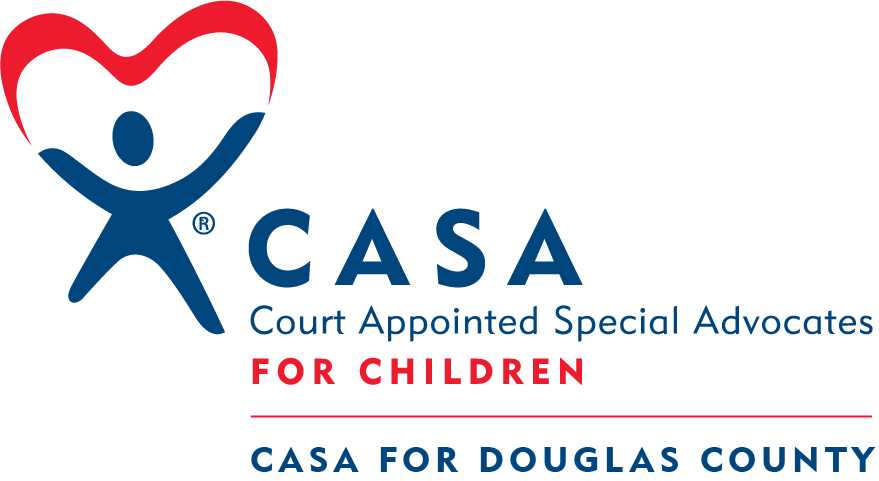 Logo contains the outline of a person with their hands up, with a line making a heart. Text reads "CASA , Court Appointed Special Advocates for children. CASA for Douglas County"