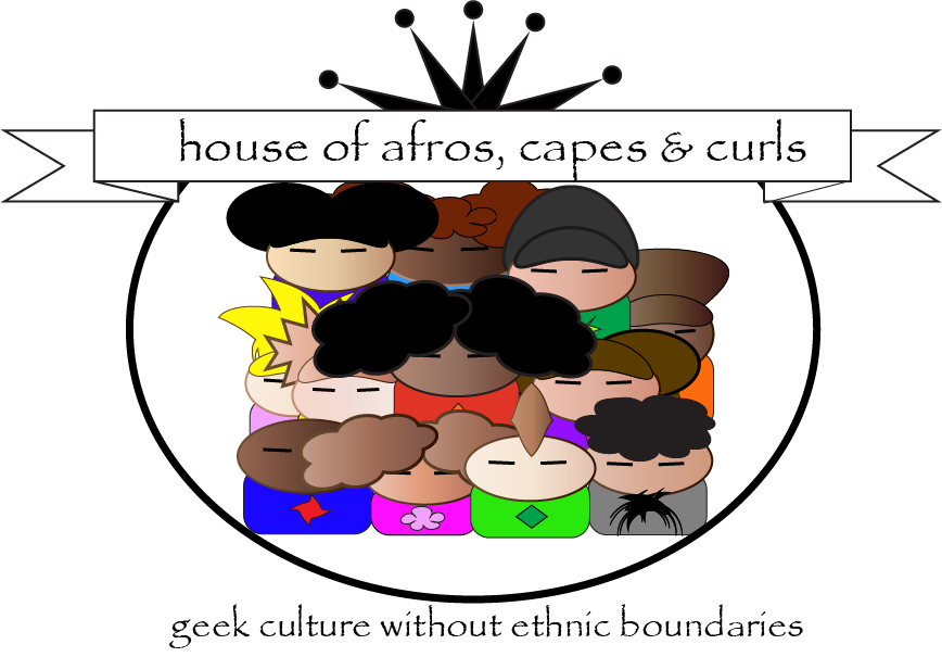 logo with multiple colorful faces and a banner that says house of afros, capes & curls