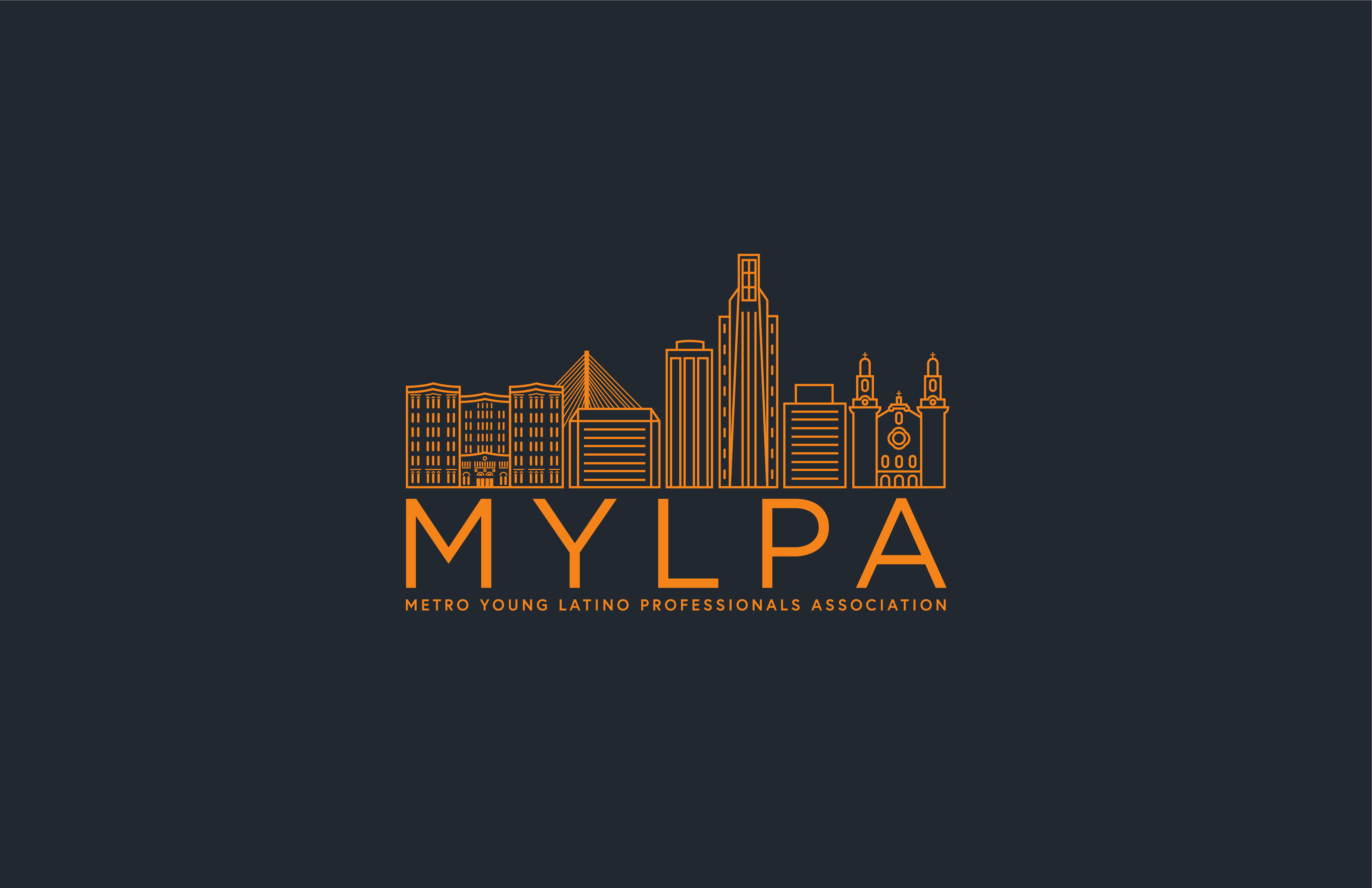Dark background with orange outline of Omaha Skyline with MYLPA underneath.
