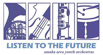A logo featuring instruments with the text "Listen to the Future" and "Omaha Area Youth Orchestras"