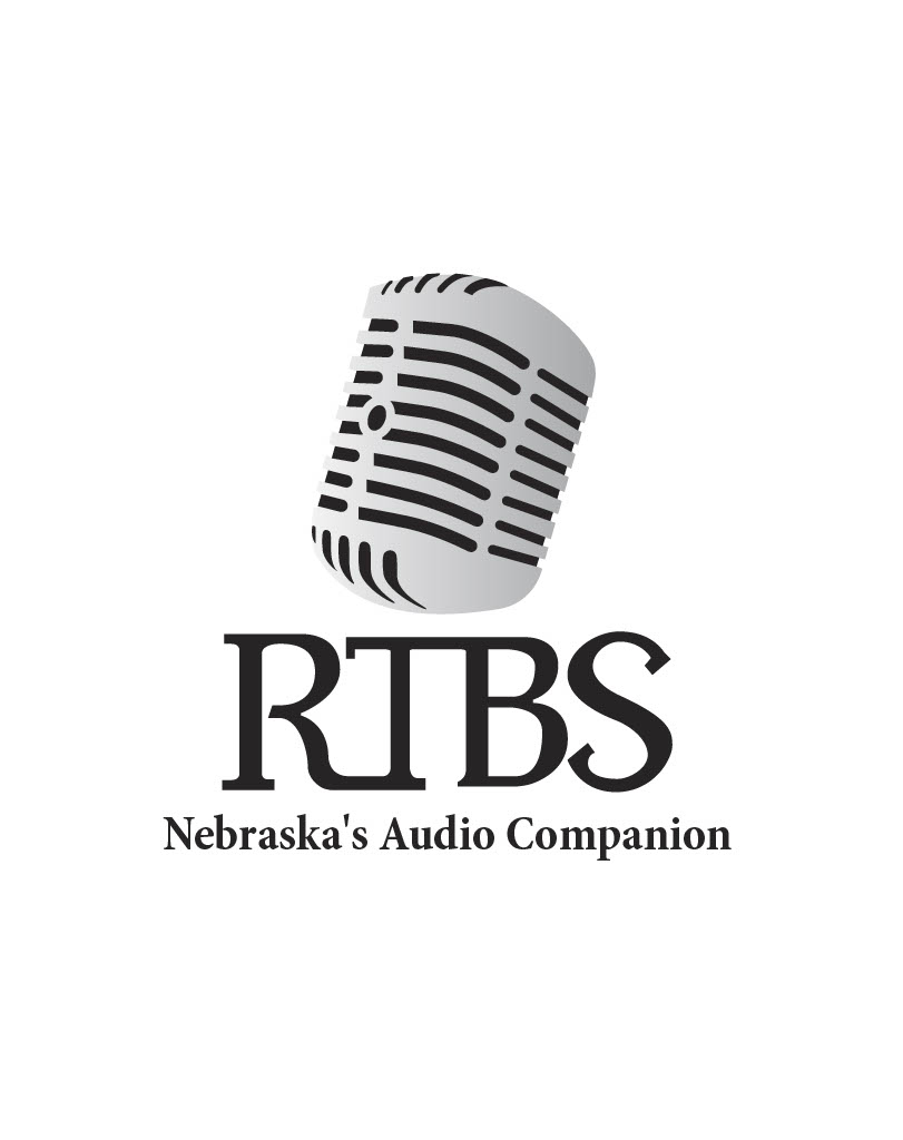 a silver microphone head hovers over black text "RTBS Nebraska's Audio Companion"