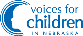 A blue logo shows the silhouetted face of a child and the words "Voices for Children in Nebraska