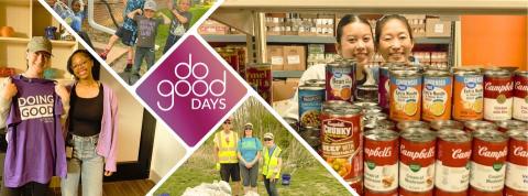 Volunteers during Do Good Days 2025 at food pantries, holding up doing good shirts, and flexing their muscles