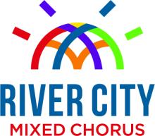 Rainbow burst of color above text, River City Mixed Chorus