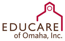 Red school house logo with Educare of Omaha, Inc. in brown