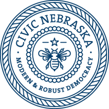 circular blue logo with "Civic Nebraska. Modern and Robust Democracy" and a bumblebee in the center