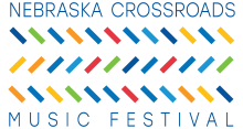 Blue words that say Nebraska Crossroads Music Festival with colored lines.