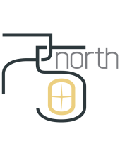 Image depicts the number "Seventy Five" in black , interlocked numerals, followed by the word "north" in lowercase, grey letterng.