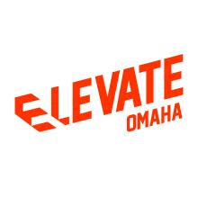 Elevate is written in all caps in a red/orange font with the first E made to look like three stairs. Omaha is written in all caps smaller, below the "ATE".