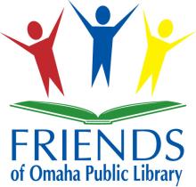 Three figures stand celebrating over an open book.  Underneath it says, Friends of the Omaha Public Library