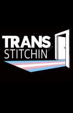 Trans Stitchin' logo. Black background, trans flag leading to an open door., with the words Trans Stitchin'. 