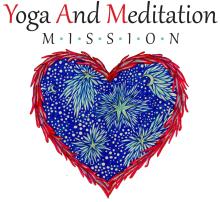 A drawing of a blue heart with green details inside surrounded by a red frayed border underneath the words: "Yoga And Meditation Mission"