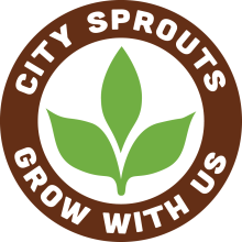 The City Sprouts logo is circular, has a brown border, and a green sprout symbol in the middle with the phrase "Grow With Us".