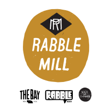 Rabble Mill logo, with sublogos of The Bay, Rabble Media, Skate for Change, and Bay High below it